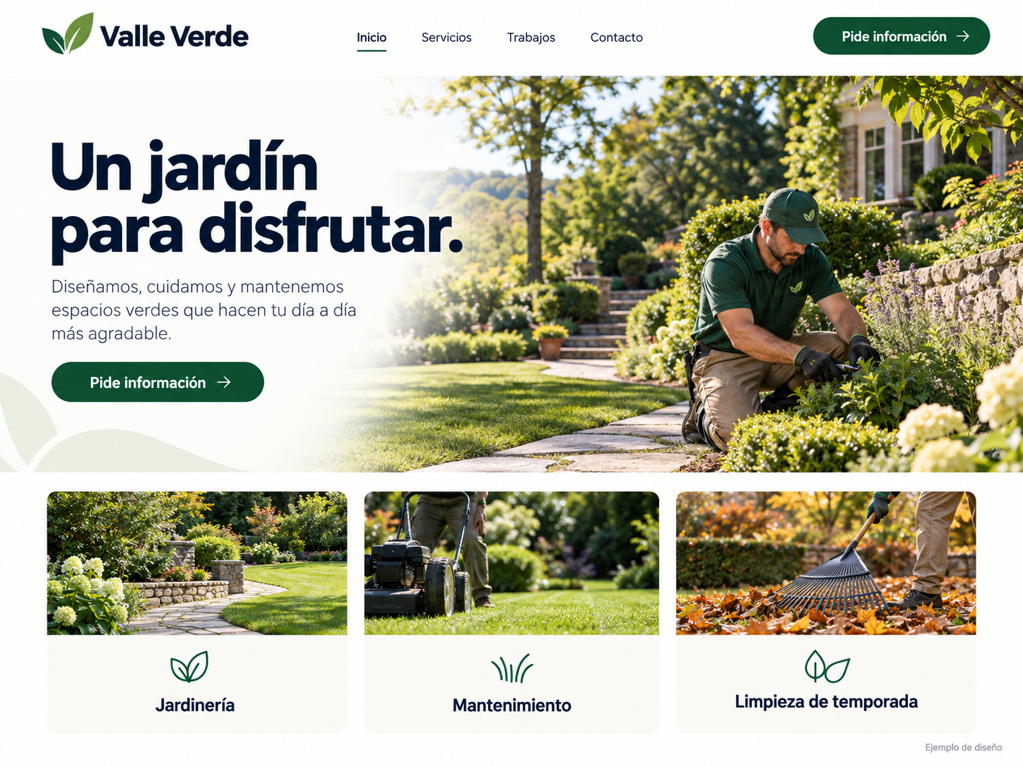Ejemplo de página de jardinería y landscaping: claro y directo